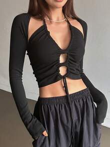 DAZY Drawstring Front Crop Halter Top & Bolero - Black - View 6