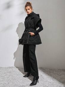 Anewsta 拉链系腰带背心棉服外套，女士深秋休闲系腰带、纽扣、口袋连帽超大黑色纯色女士棉服外套，冬季保暖/冬季时尚 - 黑色 - 查看 6