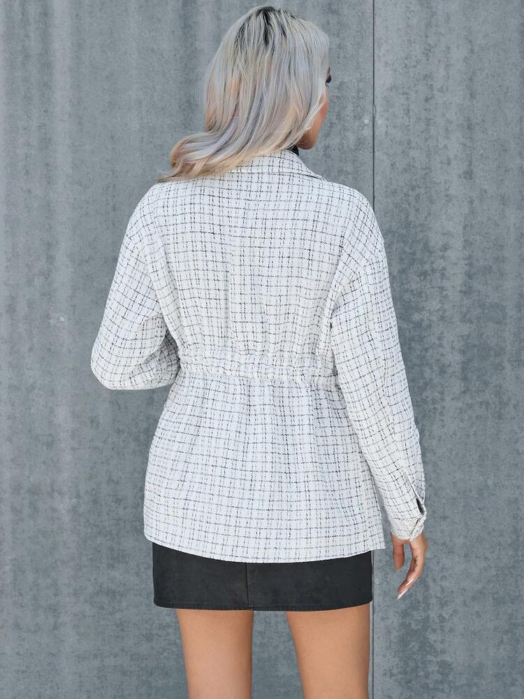 Plaid Pattern Flap Detail Belted Tweed Overcoat Fall Cloth For Women