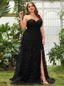 Plus Floral Appliques Split Thigh Mesh Tube Party Dress Black Elegant Formal Evening Prom Wedding Guest Gown, For Graduation, Dinner