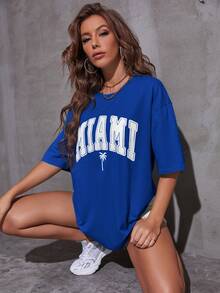 SHEIN Unity Nhiệt đới & Đồ họa Chữ cái Áo thun Thả vai - Xanh đậm - Xem 3