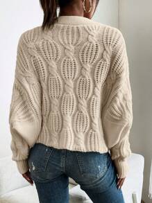 SHEIN Essnce 绞花针织落肩开衫 - 卡其色 - 查看 2