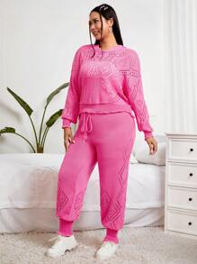 SHEIN EZwear 大碼挑窿針織落肩毛衣和針織褲 - 玫紅色 - 查看 5