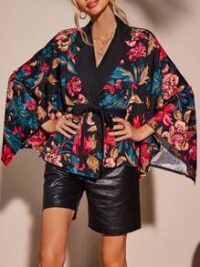 SHEIN LUNE Floral Print Batwing Sleeve Belted Coat