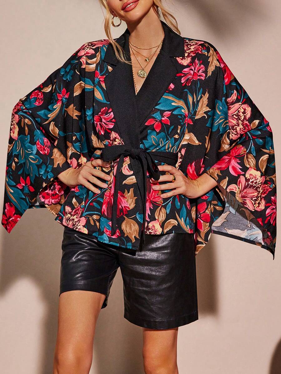 SHEIN LUNE Floral Print Batwing Sleeve Belted Coat