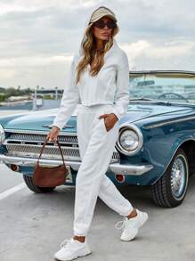 Thả vai Áo Zip Up Hoodie & Quần nỉ - trắng - Xem 1