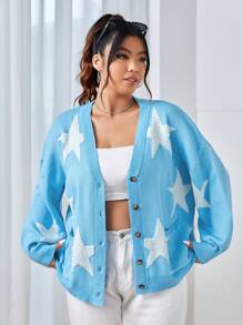 SHEIN EZwear 休閒前紐扣幾何大碼開衫 - 藍色 - 查看 3