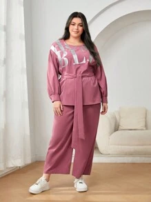 Mulvari Plus Letter Graphic Drop Shoulder Belted Top & Wide Leg Pants - Coral Pink - View 4