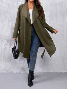SHEIN LUNE Plus Waterfall Collar Belted Coat - Army Green - View 1