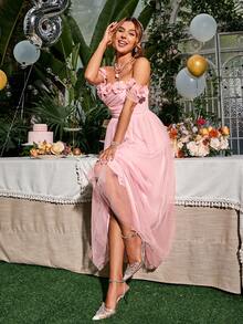 Simplee 一字肩貼花網紗正式洋裝 - 粉色 - 查看 7