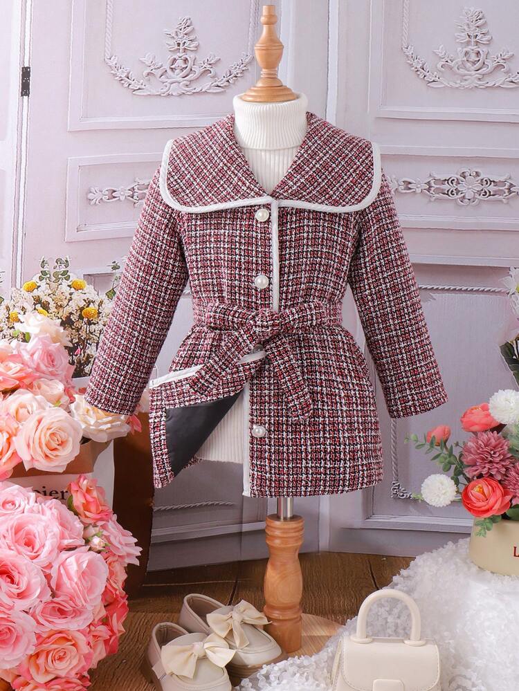 Young Girl 1pc Plaid Pattern Contrast Binding Belted Overcoat