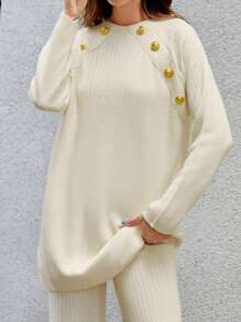 EURMUSE Button Detail Raglan Sleeve Sweater & Knit Pants - Beige - View 5
