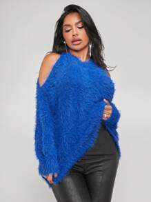 SHEIN SXY 挖肩絨毛針織套頭毛衣 - 寶藍色 - 查看 3