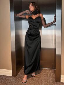 EURMUSE Women's Elegant Pleated Fitted Long Strap Dress, Suitable For Banquet And Party - Black - View 5