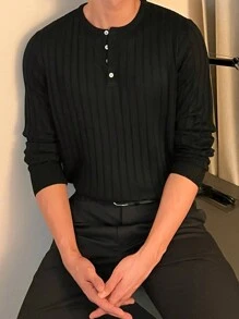 DAZY 男士半扣罗纹针织毛衣商务装 - 黑色 - 查看 7