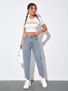 SHEIN PETITE High Waist Mom Fit Jeans - Light Wash - View 5