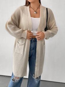Flirla Plus Dual Pocket Drop Shoulder Duster Cardigan - Apricot - View 7