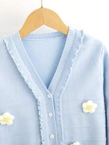 SHEIN Tween Girl Stereo Flower Frill Trim Flare Sleeve Cardigan - Baby Blue - View 4