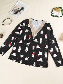 Christmas Print Contrast Lace Tee - Black - View 7