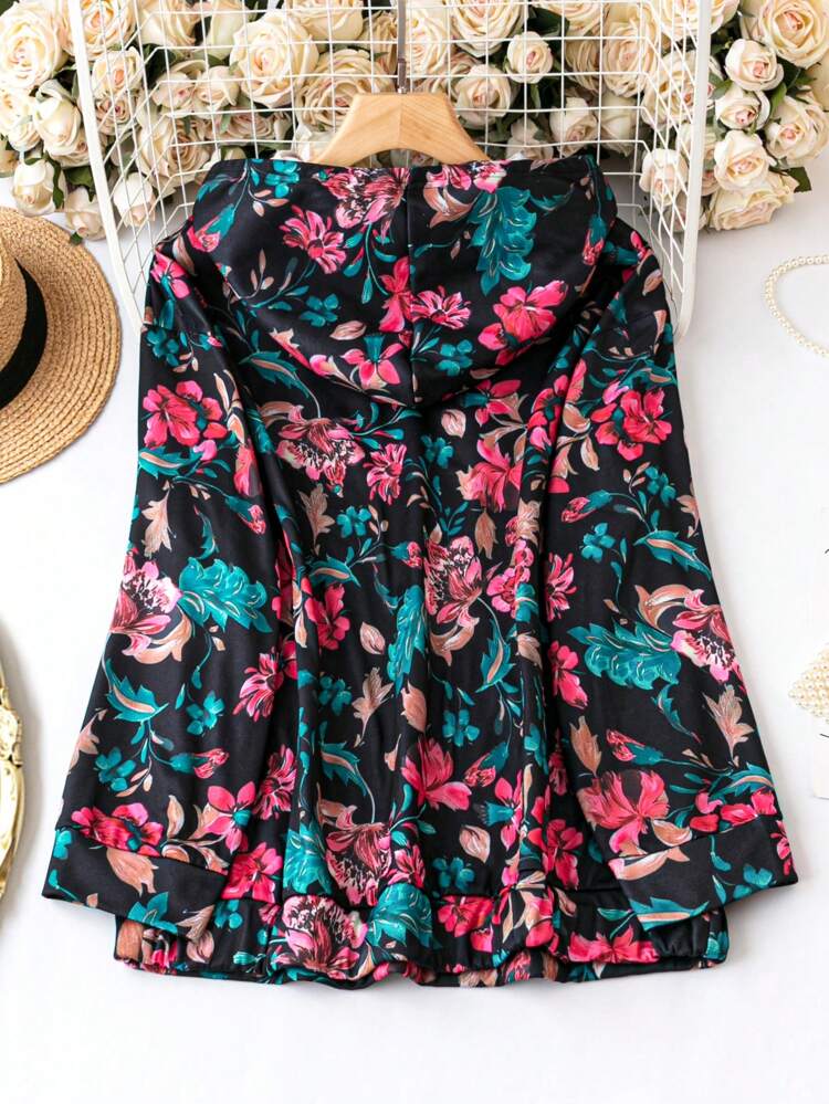 Plus Size Floral Print Drawstring Sweatshirt Pullover Fall Sweatshirt