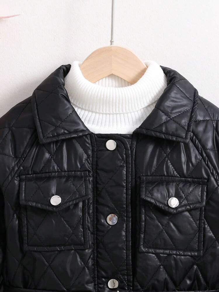 Tween Girl Flap Pocket Belted Quilted Coat Without Sweater