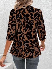 SHEIN LUNE Allover Leaf Print Notched Neckline Blouse - Rust Brown - View 2