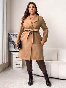 SHEIN Clasi Plus Waterfall Collar Belted Overcoat - Beige - View 1