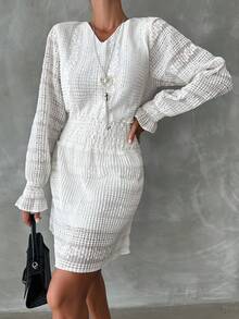 Cottnline Flare Sleeve Shirred Waist Dress - White - View 4