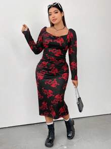 Flirla Plus Chinese Dragon Print Sweetheart Neck Bodycon Dress - Black - View 5