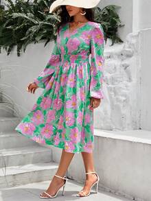 SHEIN VCAY 印花燈籠袖洋裝 - 綠色 - 查看 5