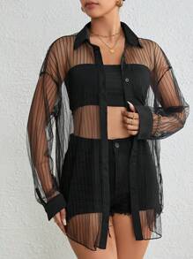 SHEIN Essnce Camisa de hombros caídos con botón delantero de malla sin top tubo