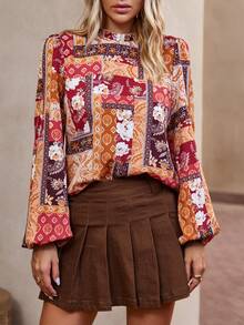 SHEIN LUNE Paisley Print Mock Neck Lantern Sleeve Blouse - Multicolor - View 3