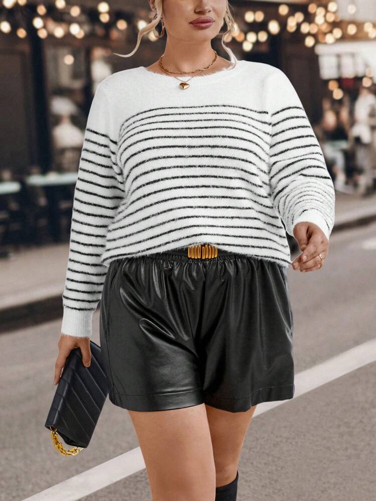 Plus Striped Pattern Drop Shoulder Sweater Knit Pullover Fall Winter Sweater