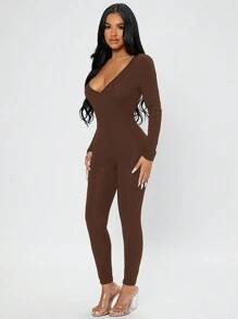 SHEIN PETITE Sweetheart Neck Unitard Jumpsuit - Brown - View 5