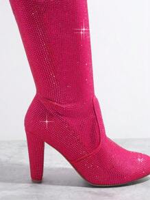 Long lanh Pointy Toe Cao đến đùi Dày Giày ống - Màu Hồng Tươi - Xem 4