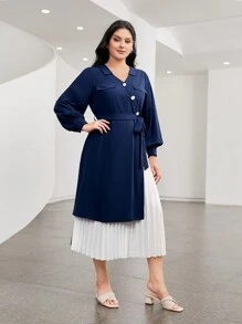 Mulvari Plus Two Tone Pleated Hem Belted Dress - Multicolor - View 6