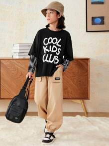 SHEIN 男大童標語圖案假兩入組T恤 - 黑色 - 查看 4