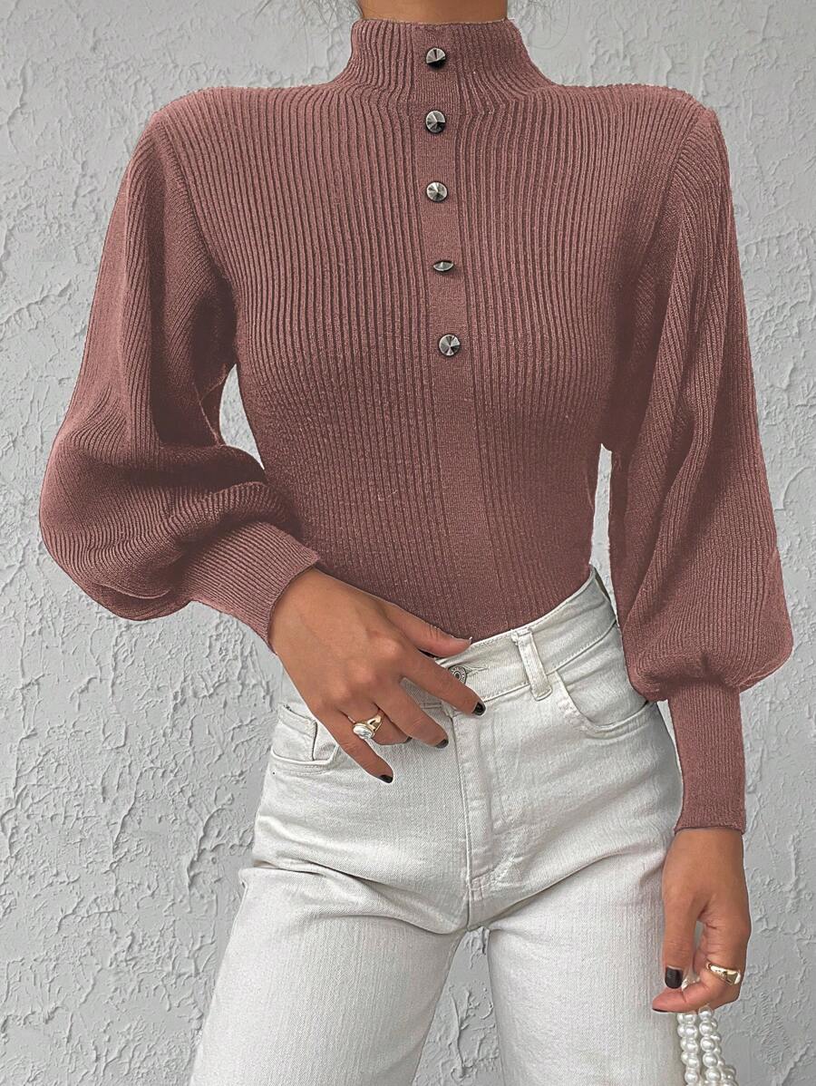 EURMUSE 小高領燈籠袖紐扣細節套頭毛衣 - 卡其色 - 查看 1