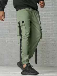 Manfinity Roghcode Men Buckle Tape Flap Pocket Side Drawstring Waist Cargo Pants - Army Green - View 4