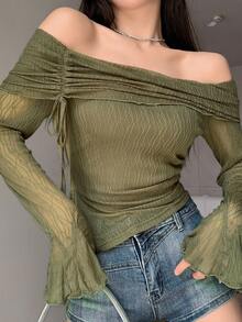 DAZY 优雅通勤纯色露肩喇叭袖T恤长袖上衣 - 綠色 - 查看 6
