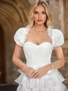 Puff Sleeve Layer Mesh Hem Wedding Dress - White - View 5