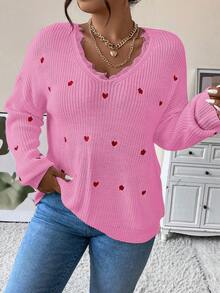 Calvaya 大碼愛心刺繡睫毛蕾絲邊落肩袖套頭毛衣 - 粉色 - 查看 4