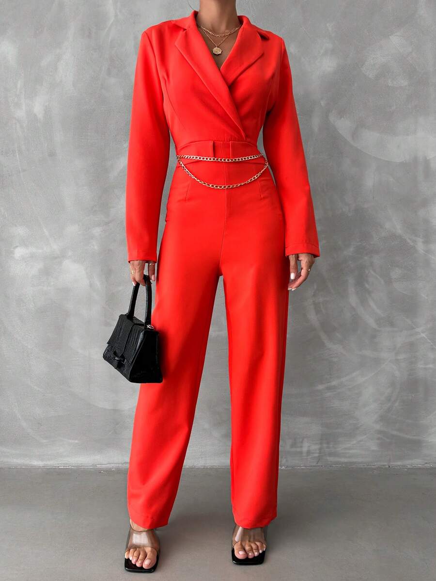 EURMUSE Lapel Neck Chain Detail Jumpsuit - Orange - View 1