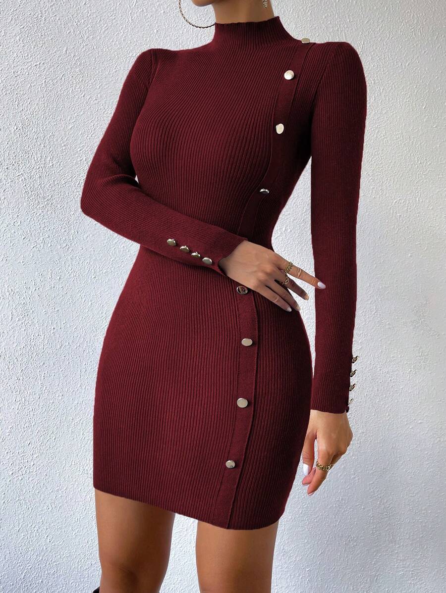 Celisse Mock Neck Button Detail Bodycon Sweater Dress Fall Winter Cloth For Women - Burgundy - View 1