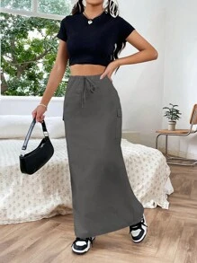 SHEIN EZwear 側翻蓋口袋腰部抽繩側翻蓋口袋工裝裙 - 灰色 - 查看 6