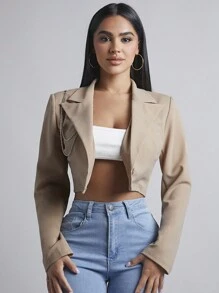 SHEIN PETITE Lapel Neck Crop Blazer In Fall/Winter - Khaki - View 3
