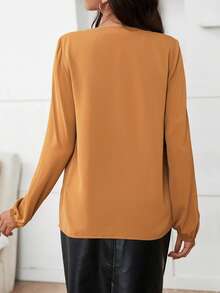 SHEIN Clasi Solid V Neck Lantern Sleeve Blouse - Khaki - View 2