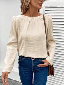 SHEIN LUNE 後紐扣泡泡袖襯衫 - 杏色 - 查看 5