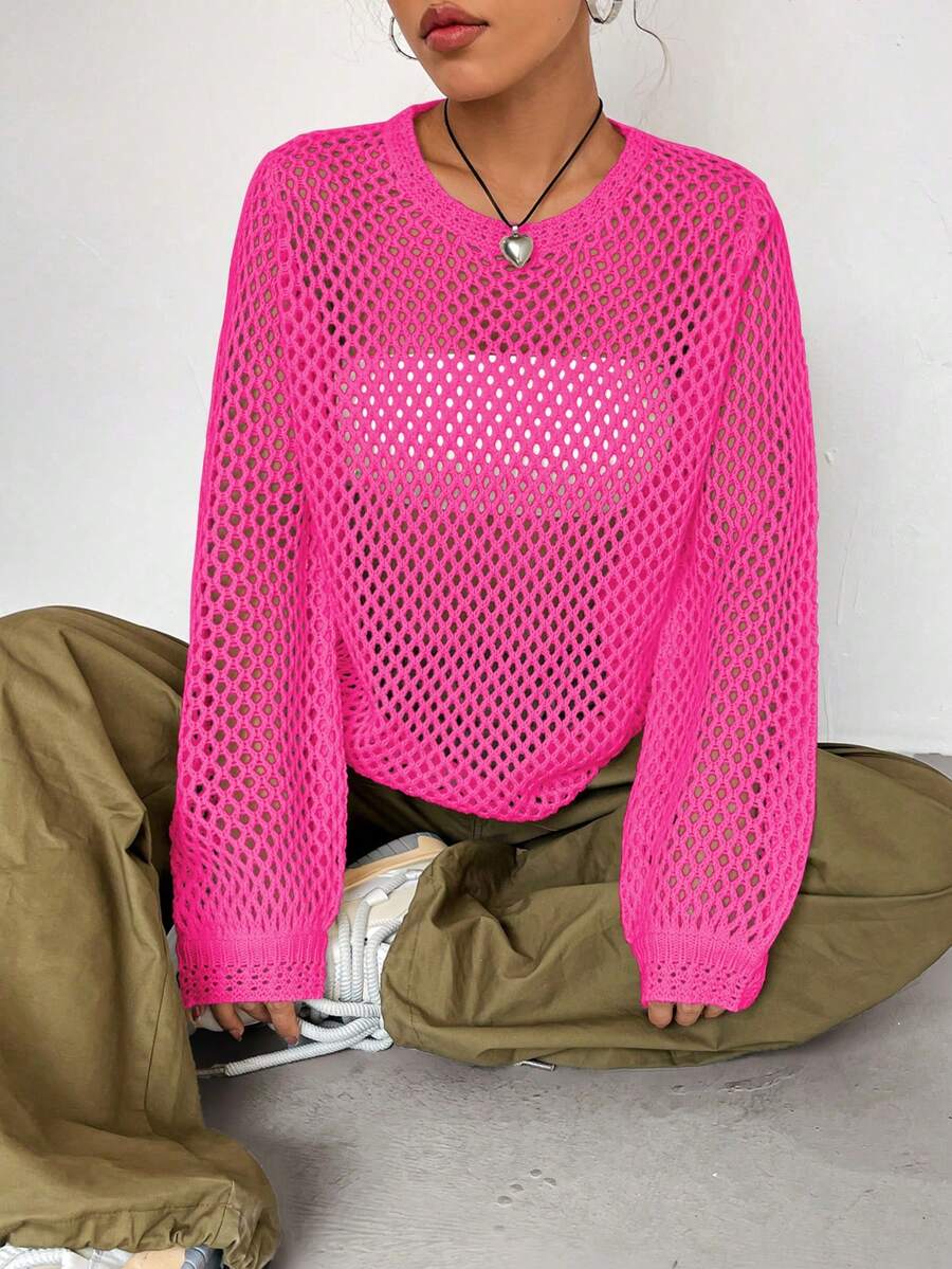 SHEIN Unity 無抹胸純色鏤空針織毛衣 - 玫紅色 - 查看 1