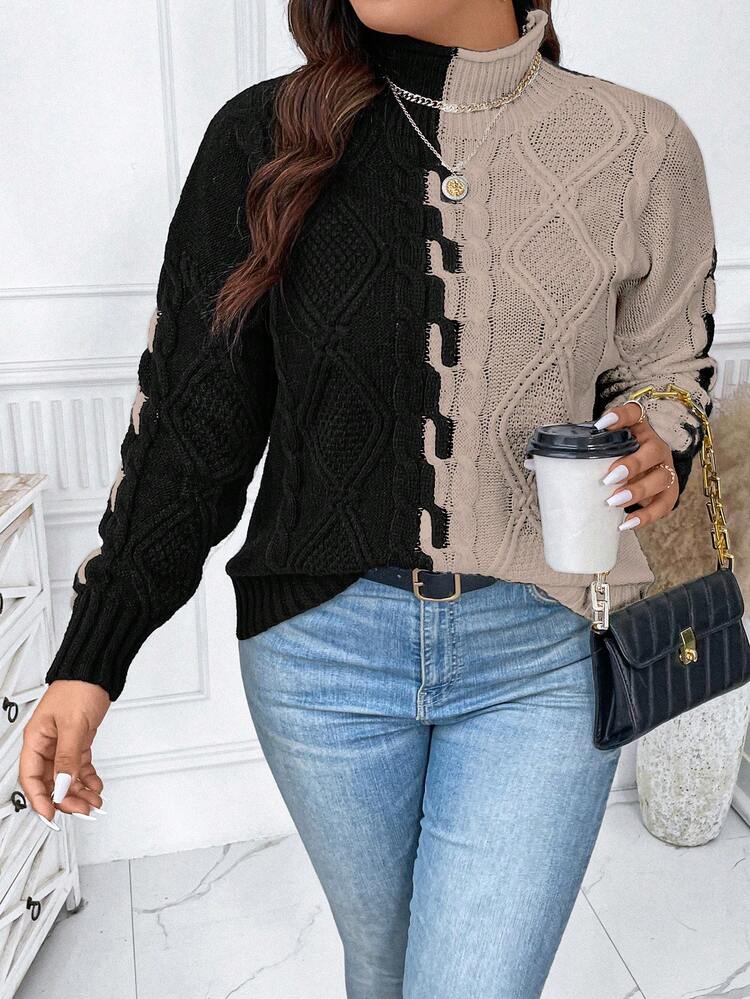 Plus Two Tone Drop Shoulder Turtleneck Cable Knit Sweater, For Winter Knit Pullover Fall Autumn